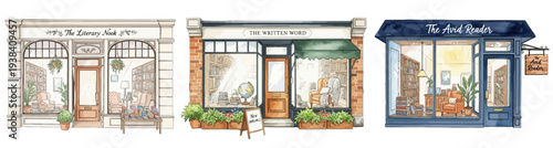 お洒落な街角の本屋・書店・ライブラリーの外観素材,手描き風,読書の秋,アンティーク,白背景