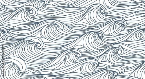 Abstract seamless pattern featuring stylized dark blue ocean waves swirling across a pale background