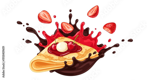 A delicious crepe topped with strawberries, whipped cream, and chocolate sauce, splashing with fruit and syrup in a vibrant illustration.