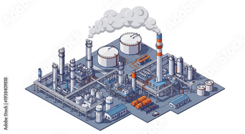 Industrial oil refinery complex with smoking chimneys and storage tanks.