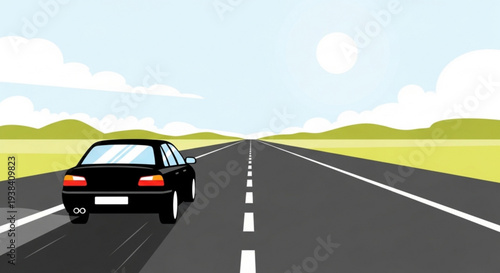 Black car driving down an empty straight road with green hills and blue sky in the background rear view cartoon style vector illustration