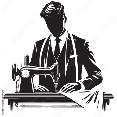 Black Tailor sewing clothe Silhouette Vector, High Quality Illustration on White Background