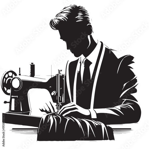 Black Tailor sewing clothe Silhouette Vector, High Quality Illustration on White Background