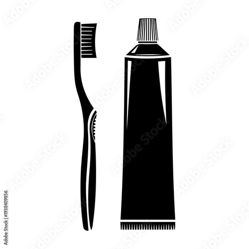 Black silhouette of a toothbrush and toothpaste tube vector icon, isolated on transparent background


