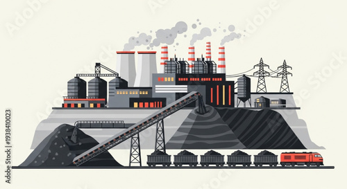 Industrial coal power plant with conveyor belts and train.