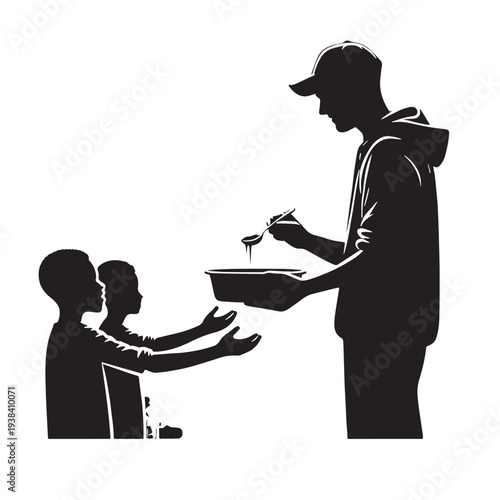 Black Volunteer giving food Silhouette Vector, High Quality Illustration on White Background