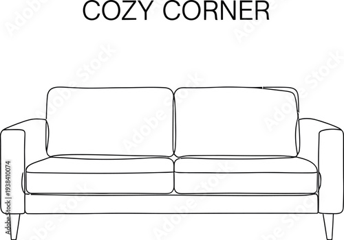 Simple line art drawing illustrating a comfortable two-seater sofa labeled cozy corner
