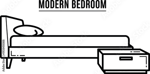 Minimalist line art icon representing a simple modern bedroom setup for interior design.