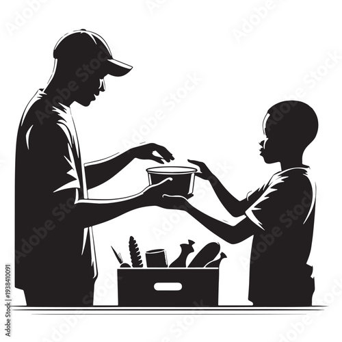 Black Volunteer giving food Silhouette Vector, High Quality Illustration on White Background