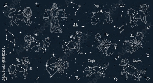 Collection of Zodiac Constellations and Symbols on Dark Blue Background.