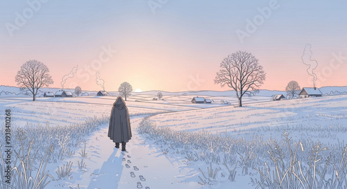 Solitary figure walking through snow covered path in serene winter landscape with bare trees at dusk