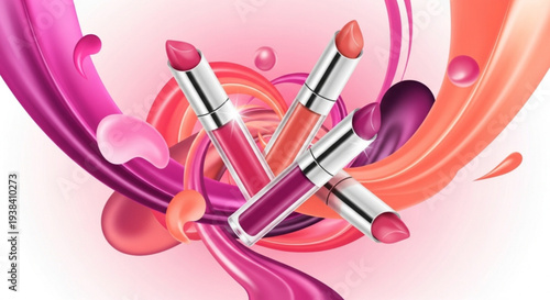 Three lipsticks surrounded by swirling pink and orange liquid splashes on white background vibrant beauty cosmetics illustration