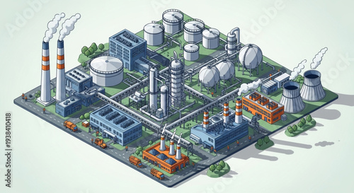 Industrial factory complex with smokestacks and tanks.