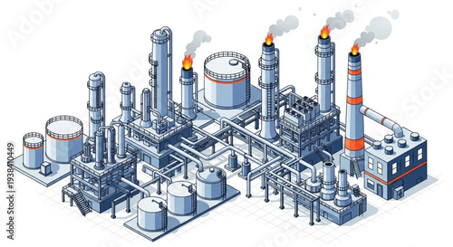 Industrial chemical plant with towers and tanks emitting smoke.