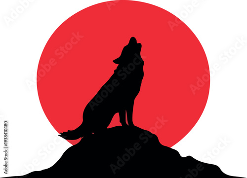 Lone Wolf Silhouette Under Red Moon: A striking silhouette of a lone wolf stands atop a hill, its howl echoing beneath a vibrant red moon. Capturing a moment of solitude and primal wilderness