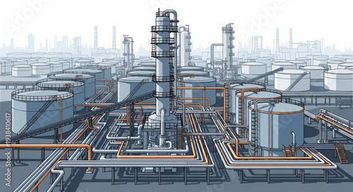 Industrial oil refinery complex with storage tanks and pipelines.