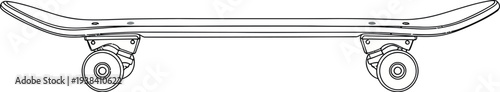 Simple side profile line drawing of a classic wooden skateboard with trucks and wheels