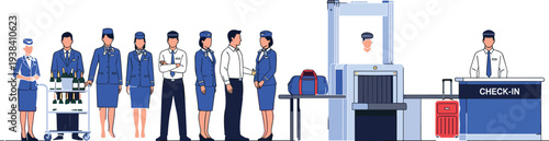 Airport Security Check Process with Passengers and Staff Vector Illustration
