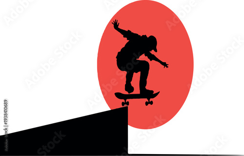 Silhouette of a Skateboarder's Leap: A dynamic silhouette captures a skateboarder mid-air against a bold red sun, demonstrating skill and urban athleticism.