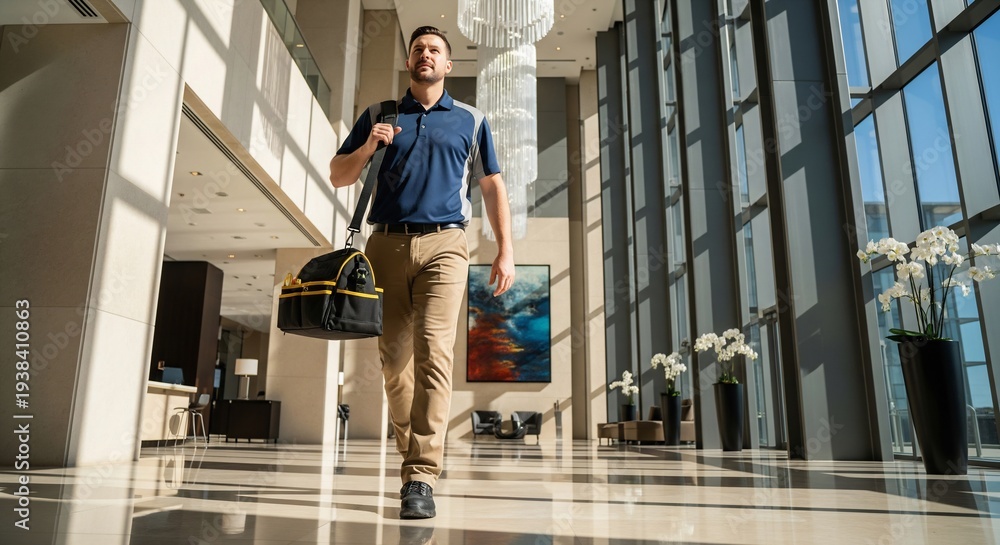 Fototapeta premium Handyman walking confidently through modern office lobby with tool bag