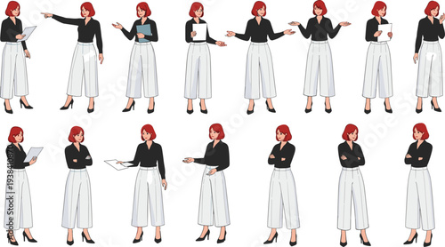 Business Woman Character Different Office Poses Working and Presenting Vector Set