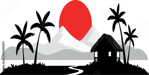 Tropical Haven Silhouetted: A serene tropical scene unfolds, featuring a traditional hut nestled amidst swaying palm trees, with a radiant sun setting behind majestic mountains.