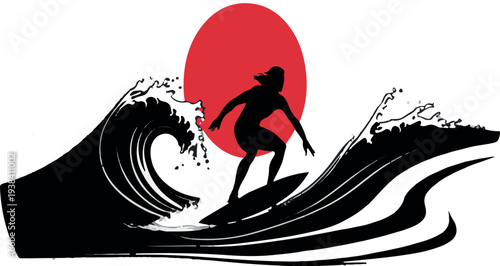 Surfing Under the Crimson Sun: Capturing the silhouette of a surfer, gracefully navigating a towering wave beneath the vibrant glow of the sun, embodying the spirit of adventure and thrill.