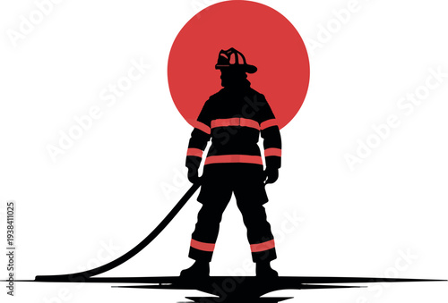 Courage Under the Crimson: A silhouette of a valiant firefighter stands tall against a bold red sun, representing bravery and sacrifice.