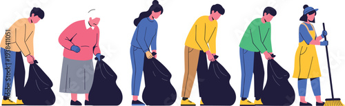 Community Cleanup Volunteers Collecting Trash and Cleaning Street Vector Illustration