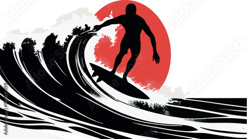 Surfing Silhouette Against the Sunset: A surfer, silhouetted against a setting sun, expertly rides a cresting wave, embodying the spirit of adventure and the thrill of the ocean.