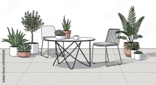 Outdoor patio furniture with plants and table setting in modern minimalist style on gray tiles