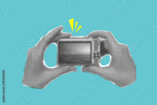 Retro Halftone collage  of Hands Holding Camera with Flash on Turquoise Background