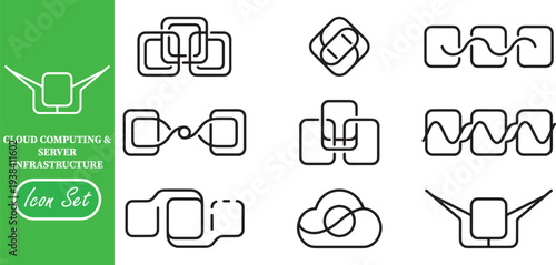 Modern Cloud Computing and Server Linkage Network Infrastructure Icons