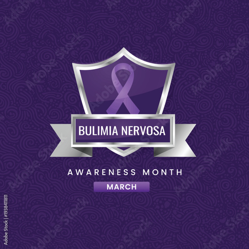 Bulimia Nervosa Awareness Month in March with this powerful emblem featuring a metallic shield, a prominent purple ribbon and a banner. It symbolizes strength, hope and support for recovery