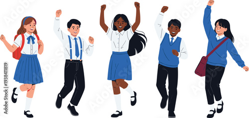 Happy School Students Jumping Together in Uniform Vector Illustration