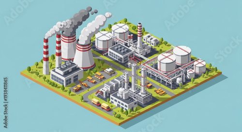 Industrial Power Plant with Cooling Towers and Storage Tanks.
