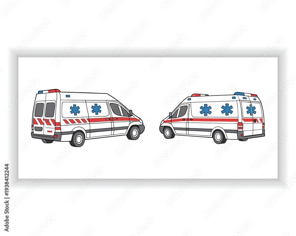Fototapeta premium Emergency medical service ambulance transport vector graphic set design template
