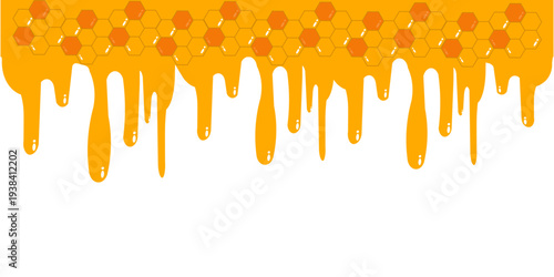 Golden honey dripping background combined with honeycomb hexagon pattern. Sweet honey drip border with copy space, perfect for honey products, beekeeping themes, organic food design, banners