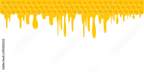 Golden honey dripping background combined with honeycomb hexagon pattern. Sweet honey drip border with copy space, perfect for honey products, beekeeping themes, organic food design, banners