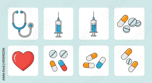 Medical icons set including stethoscope syringe pills and heart on a light blue background for healthcare concepts