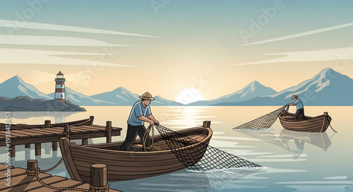 Fishermen casting nets from wooden boats on serene lake at sunrise with majestic mountains and lighthouse in background
