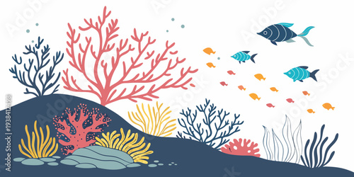 Vibrant coral reef teeming with diverse marine life and colorful fish species Vector