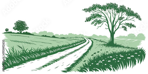 A serene landscape with a winding path leading to a solitary tree in a vast open field. Vector