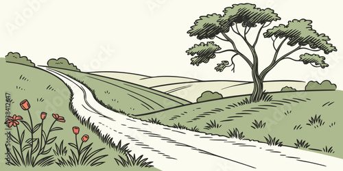 A serene countryside landscape with a winding path and a solitary tree Vector