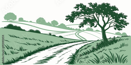 A serene countryside landscape with a winding path and lush greenery Vector