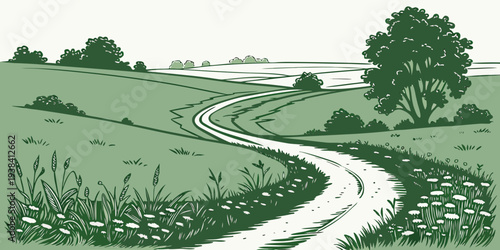 A picturesque countryside landscape with winding roads and lush greenery. Vector