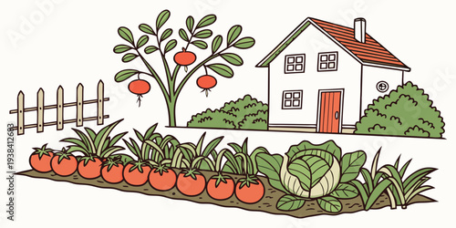 A charming countryside scene with a house, trees, and a garden Vector