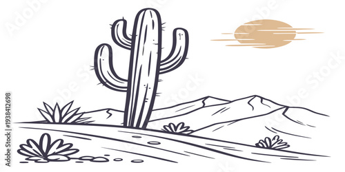 A solitary cactus stands tall in a desert landscape under a setting sun. Vector