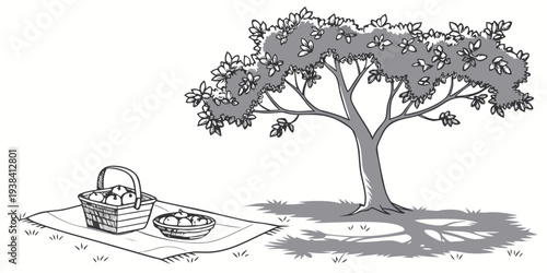 A serene scene of a person relaxing under the shade of a large tree by a calm body of water Vector