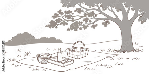 A serene landscape with a large tree and a small house in the distance Vector